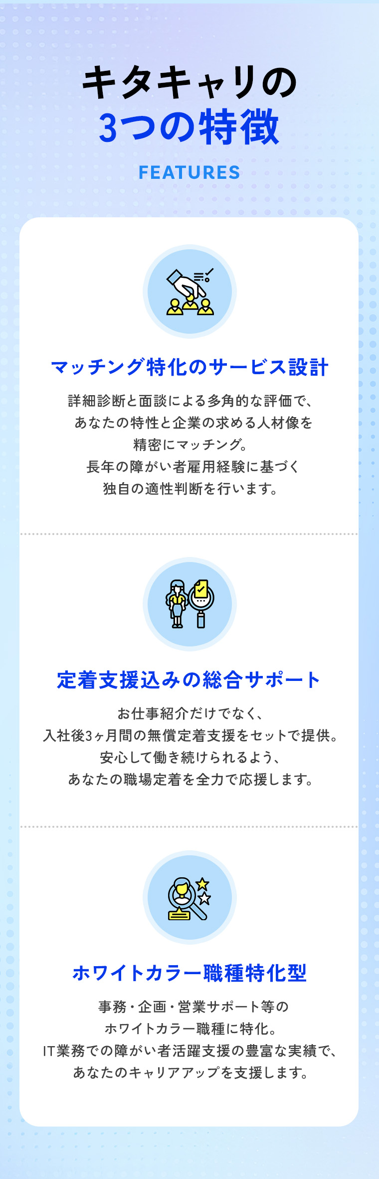 キタキャリの3つの特徴 マッチング特化のサービス設計 定着支援込みの総合サポート ホワイトカラー職種特化型